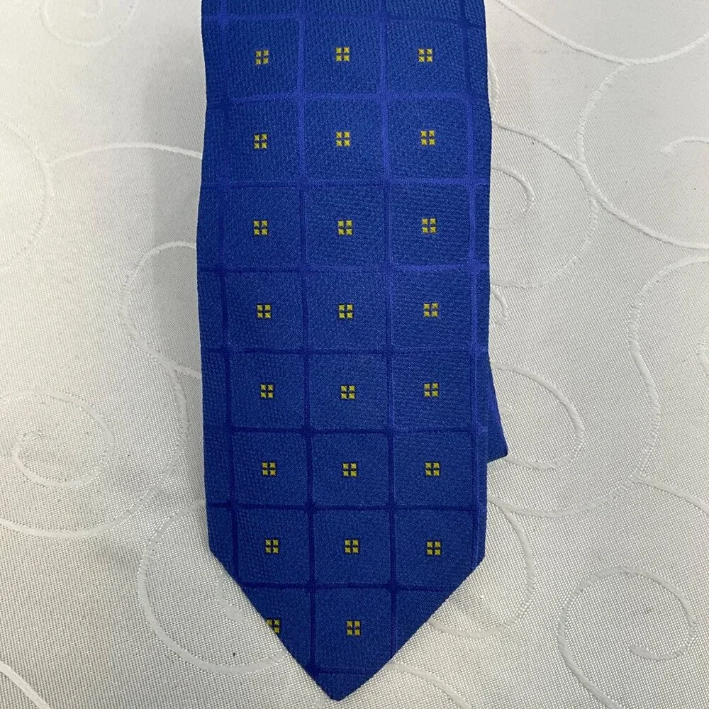 Tom James Long Men's Blue & Yellow Grid Pattern Silk Tie‎